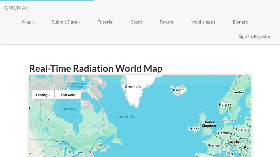 Screenshot of gmcmap.com: Real-Time Radiation World Map