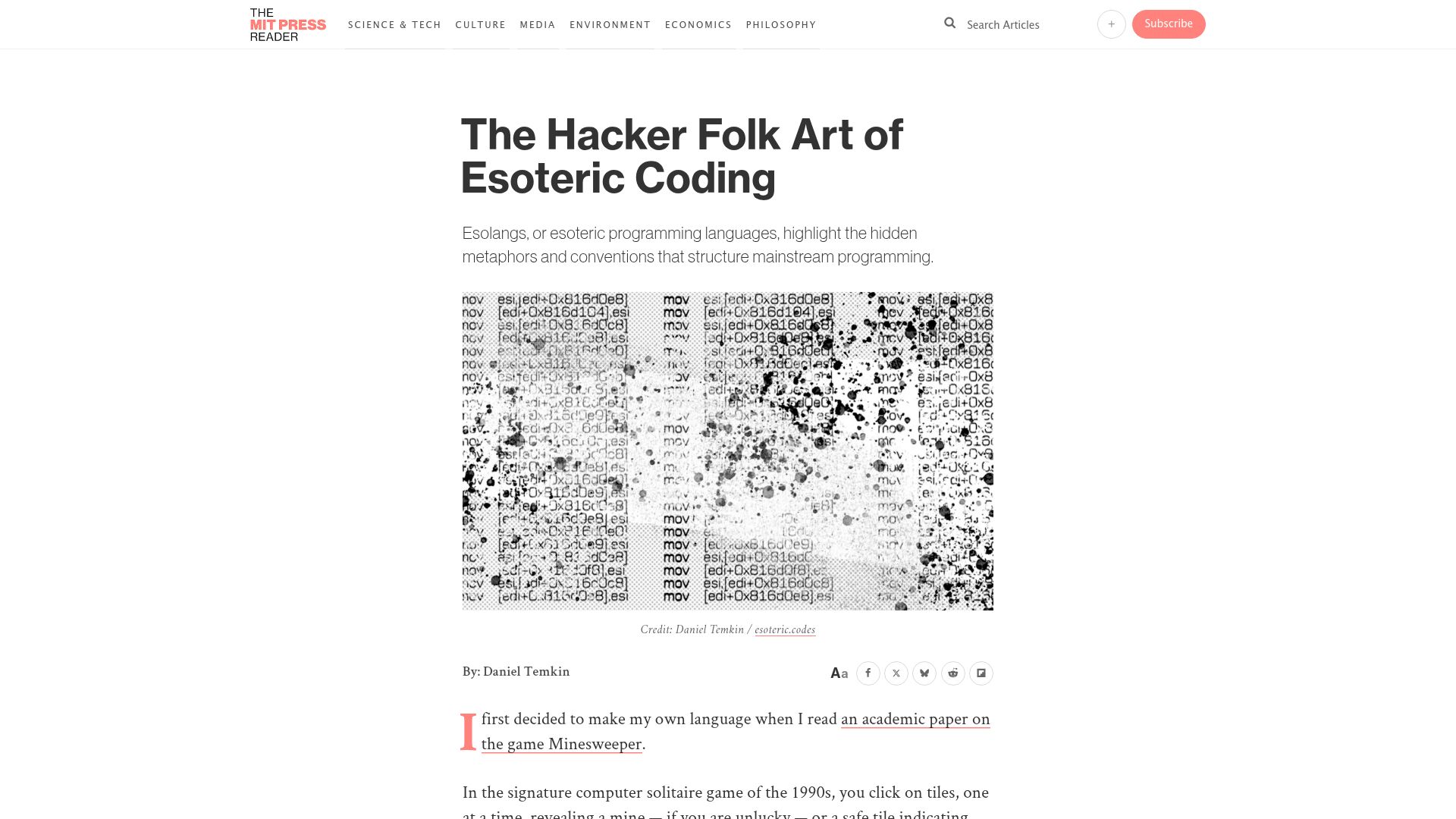 Screenshot of thereader.mitpress.mit.edu: The Hacker Folk Art of Esoteric Coding
