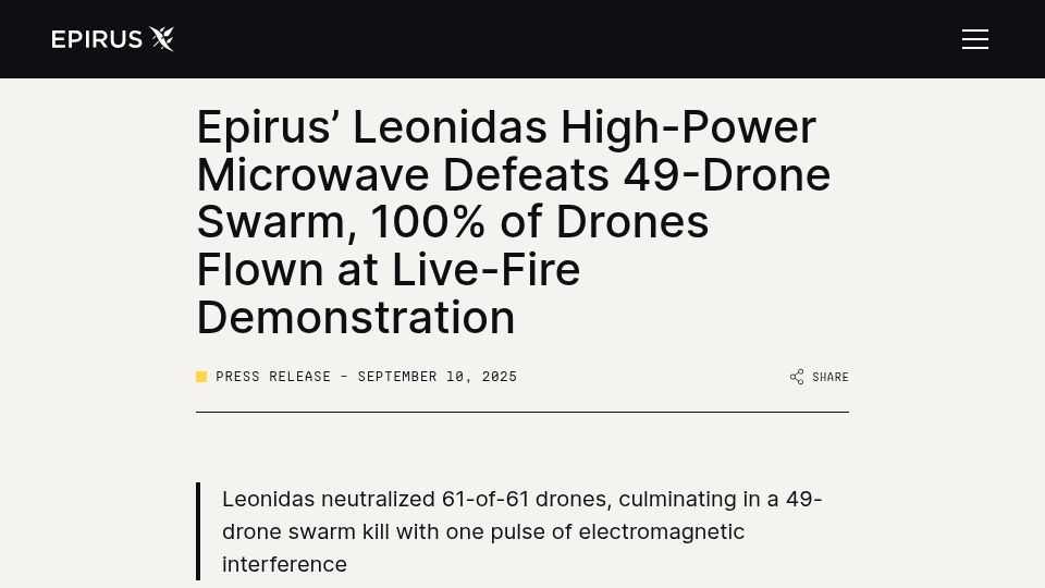Screenshot of epirusinc.com: High-power microwave defeats drone swarm