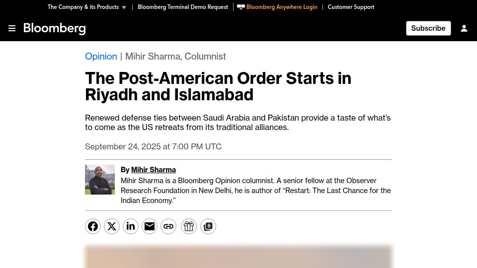Screenshot of bloomberg.com: The Post-American Order Starts in Riyadh and Islamabad