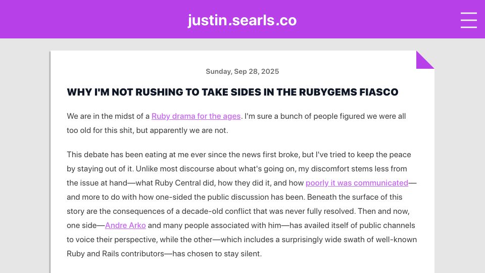 Screenshot of justin.searls.co: Why I'm not rushing to take sides in the RubyGems fiasco