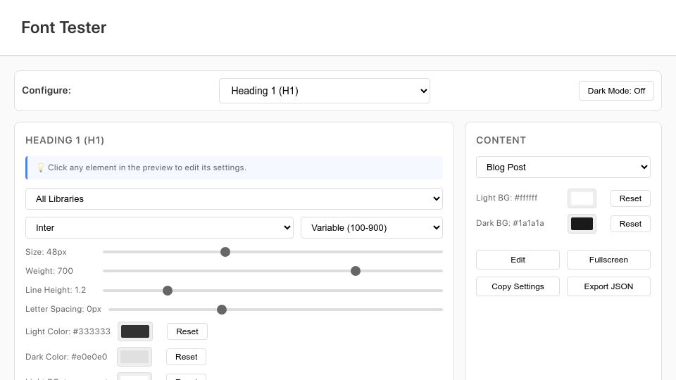 Screenshot of fonts.tomhadley.link: Show HN: Font Tester – Preview fonts on custom content