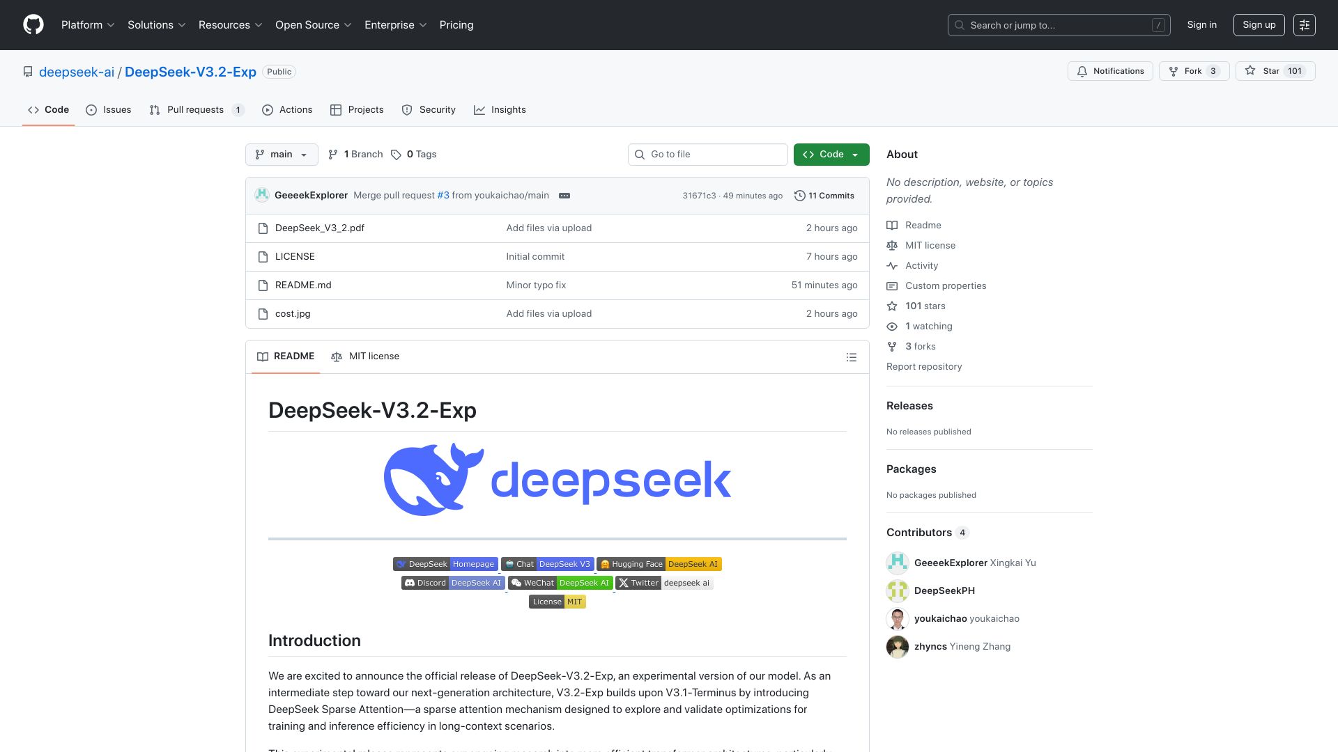 Screenshot of github.com: DeepSeek-v3.2-Exp