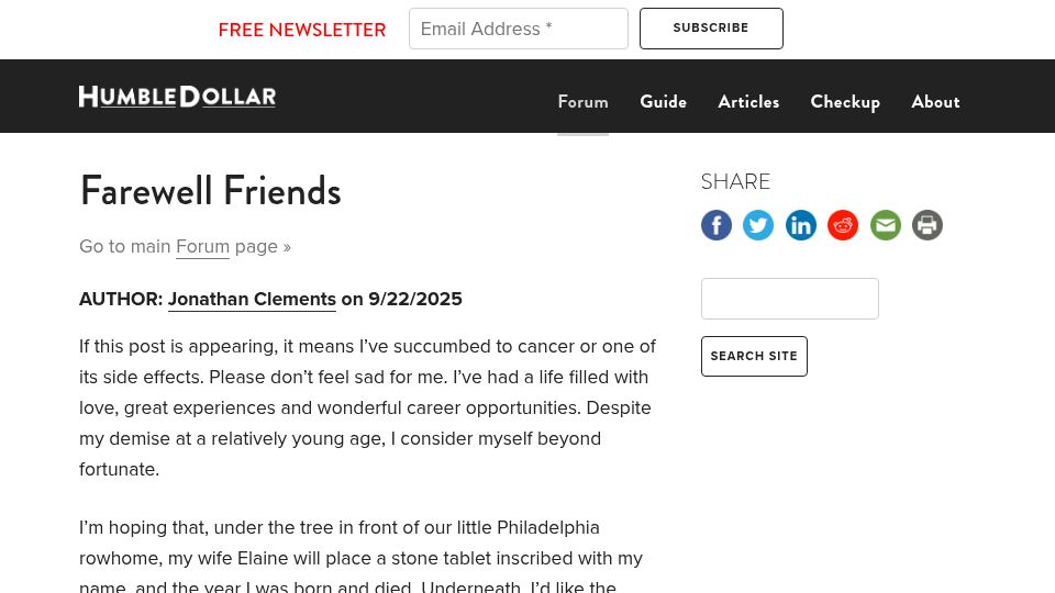Screenshot of humbledollar.com: Farewell friends
