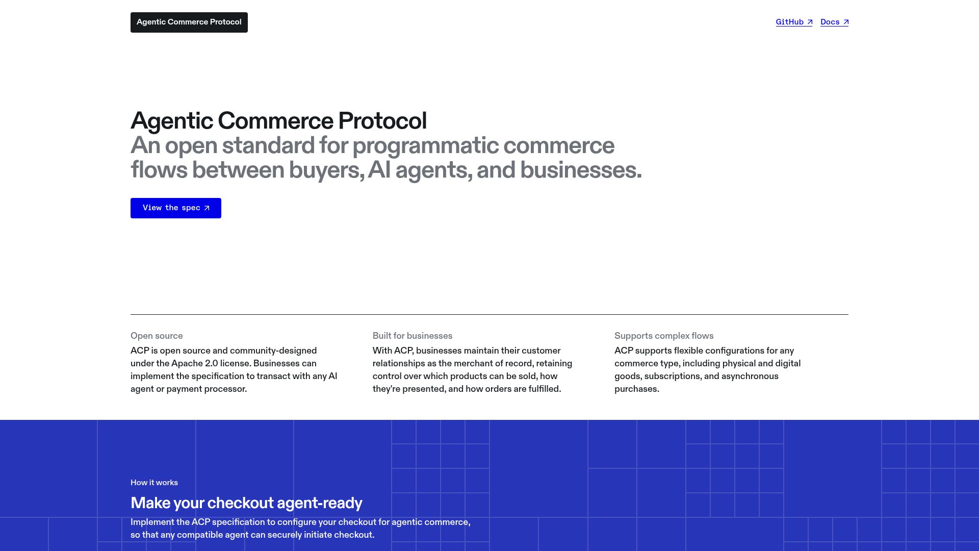 Screenshot of agenticcommerce.dev: OpenAI and Stripe create Agentic Commerce Protocol