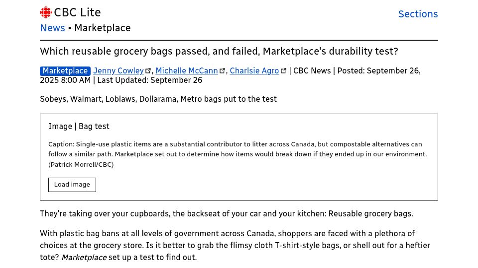 Screenshot of cbc.ca: Reusable grocery bags durability test