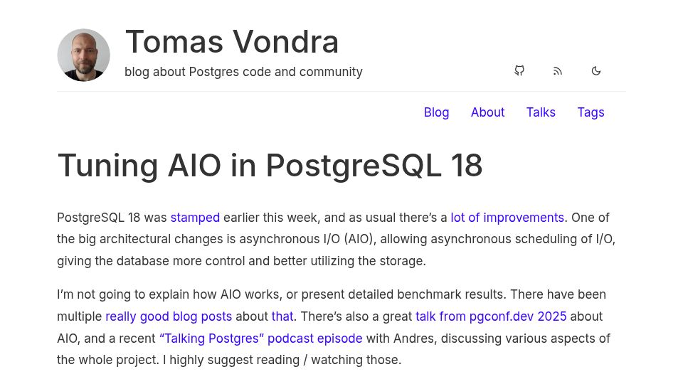 Screenshot of vondra.me: Tuning async IO in PostgreSQL 18
