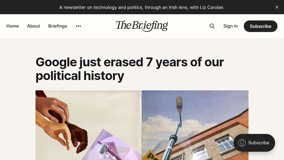 Screenshot of thebriefing.ie: Google appears to have deleted its political ad archive for the EU