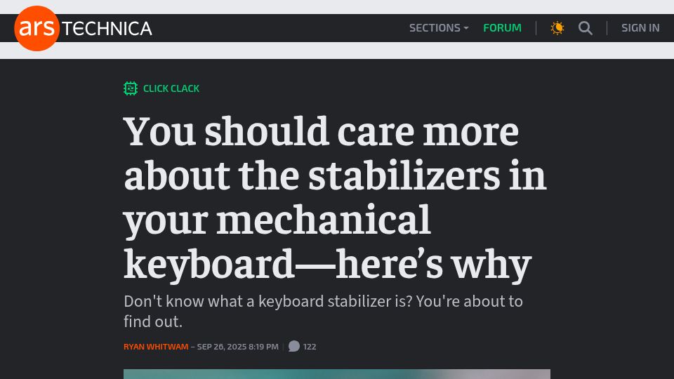 Screenshot of arstechnica.com: Care more about the stabilizers in your mechanical keyboard–here's why