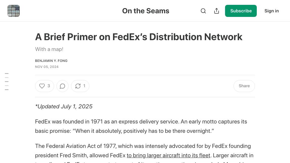 Screenshot of ontheseams.substack.com: Primer on FedEx's Distribution Network (2024)