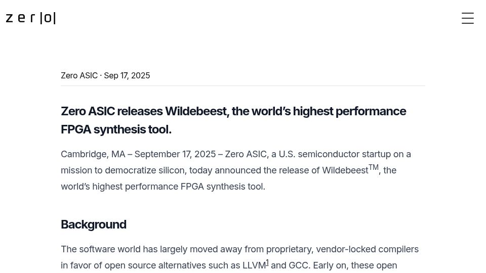 Screenshot of zeroasic.com: Zero ASIC releases Wildebeest, the highest performance FPGA synthesis tool