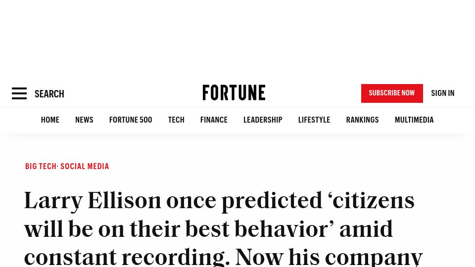 Screenshot of fortune.com: Larry Ellison – 'citizens will be on their best behavior' amid nonstop recording
