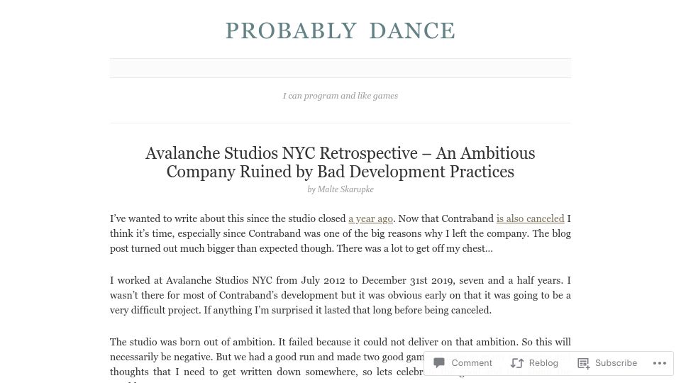Screenshot of probablydance.com: Avalanche Studios NYC Retrospective – An Ambitious Company Ruined