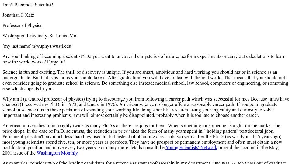Screenshot of yangxiao.cs.ua.edu: Don't Become a Scientist (1999)