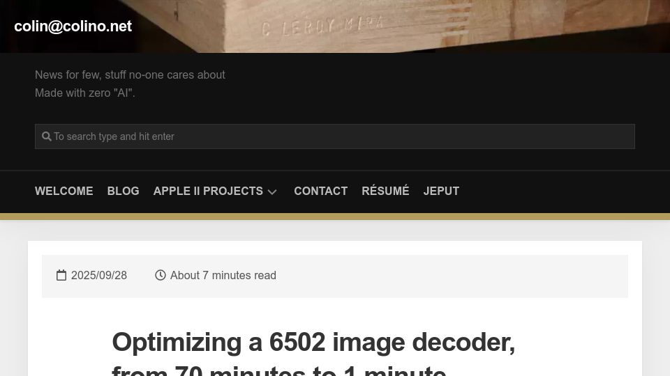 Screenshot of colino.net: Optimizing a 6502 image decoder, from 70 minutes to 1 minute