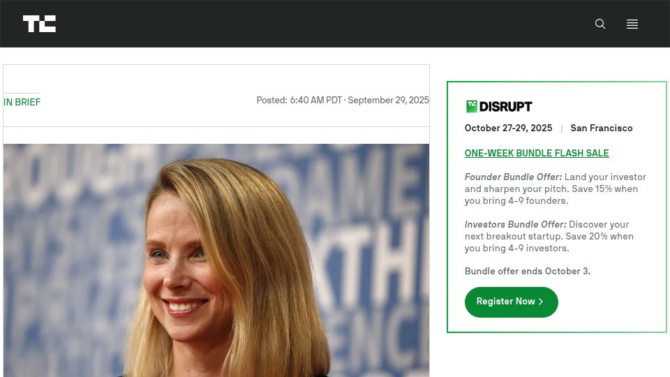 Screenshot of techcrunch.com: Marissa Mayer will close her old AI startup, sell assets to her new AI startup
