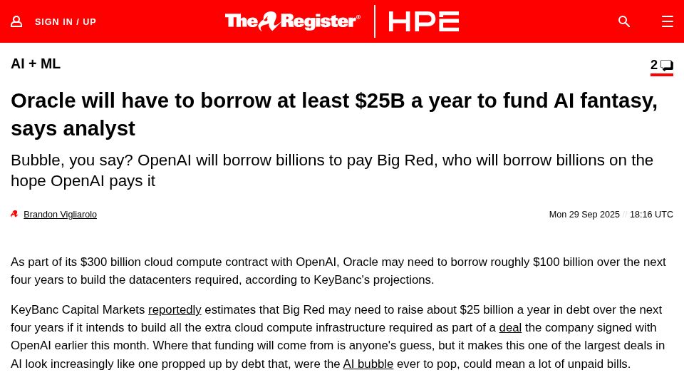 Screenshot of theregister.com: Oracle will have to borrow at least $25B a year to fund AI fantasy, says analyst