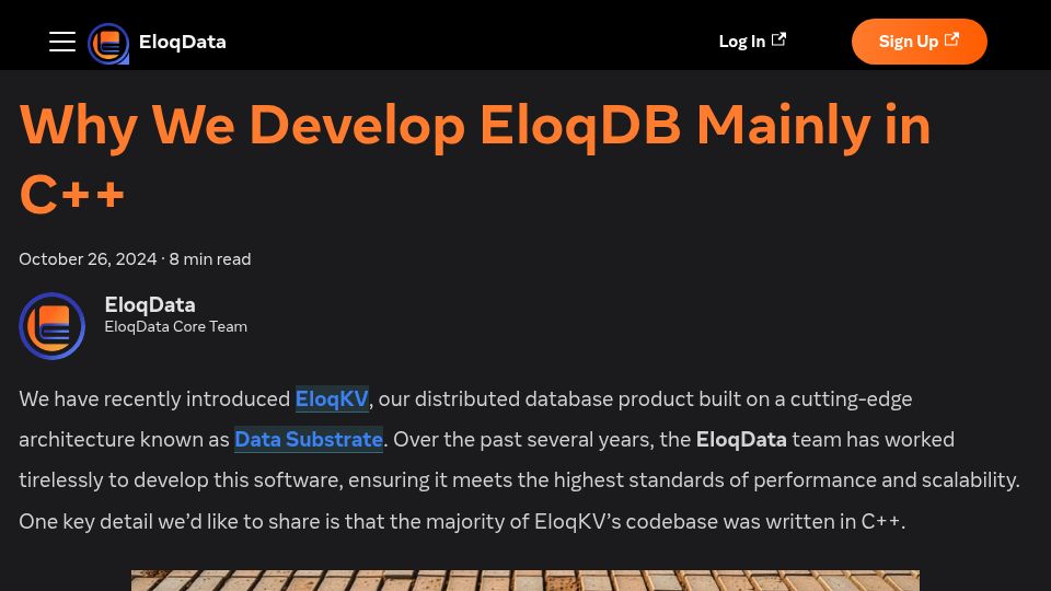 Screenshot of eloqdata.com: We still chose C++ (instead of Rust) for new database development
