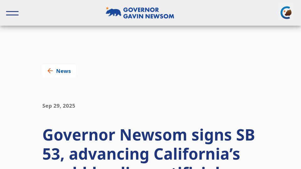Screenshot of gov.ca.gov: California governor signs AI transparency bill into law