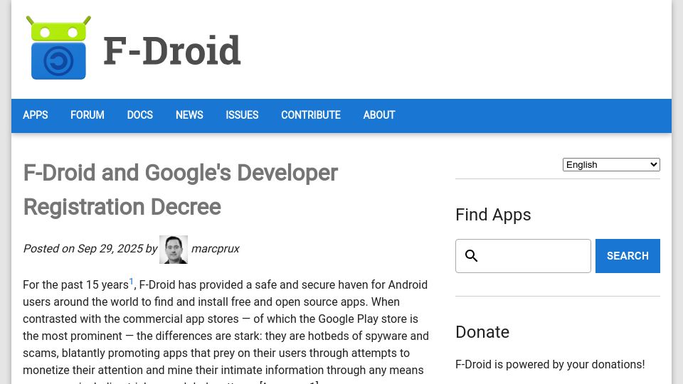 Screenshot of f-droid.org: F-Droid and Google’s developer registration decree
