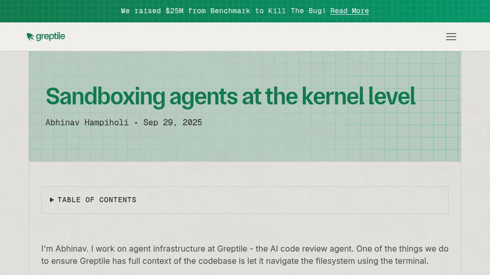 Screenshot of greptile.com: Sandboxing AI agents at the kernel level