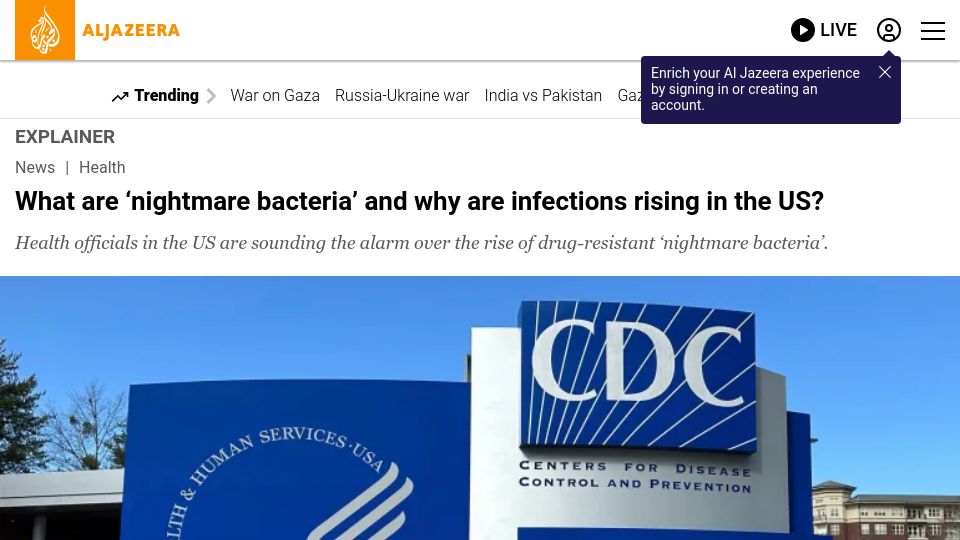 Screenshot of aljazeera.com: Health officials in the US are sounding the alarm over drug-resistant bacteria
