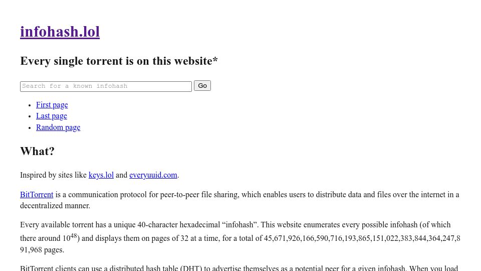 Screenshot of infohash.lol: Show HN: Every single torrent is on this website