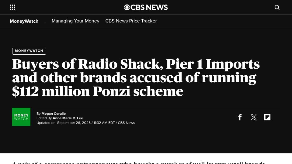 Screenshot of cbsnews.com: Buyers of Radio Shack, Pier 1 brands accused of running $112M Ponzi scheme