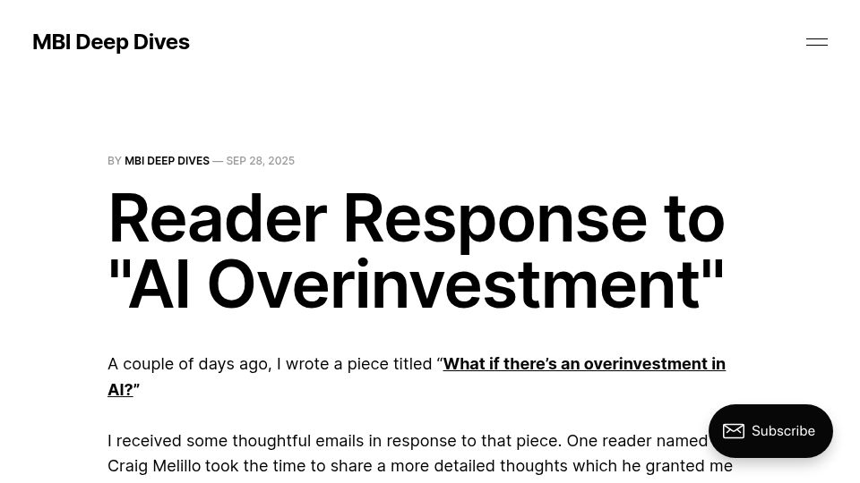 Screenshot of mbi-deepdives.com: Reader Response to "AI Overinvestment"