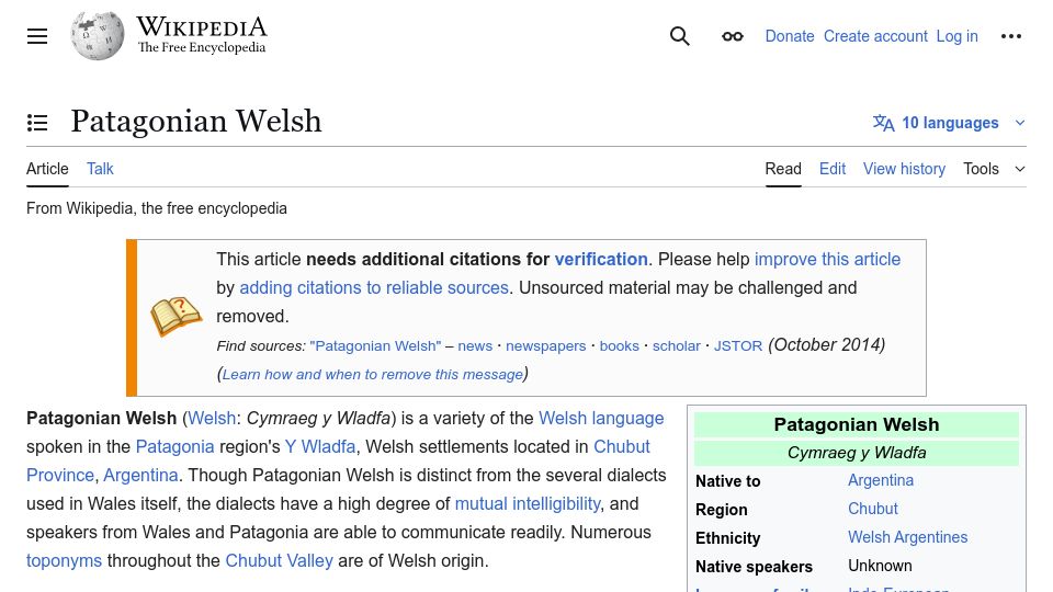 Screenshot of en.wikipedia.org: Patagonian Welsh