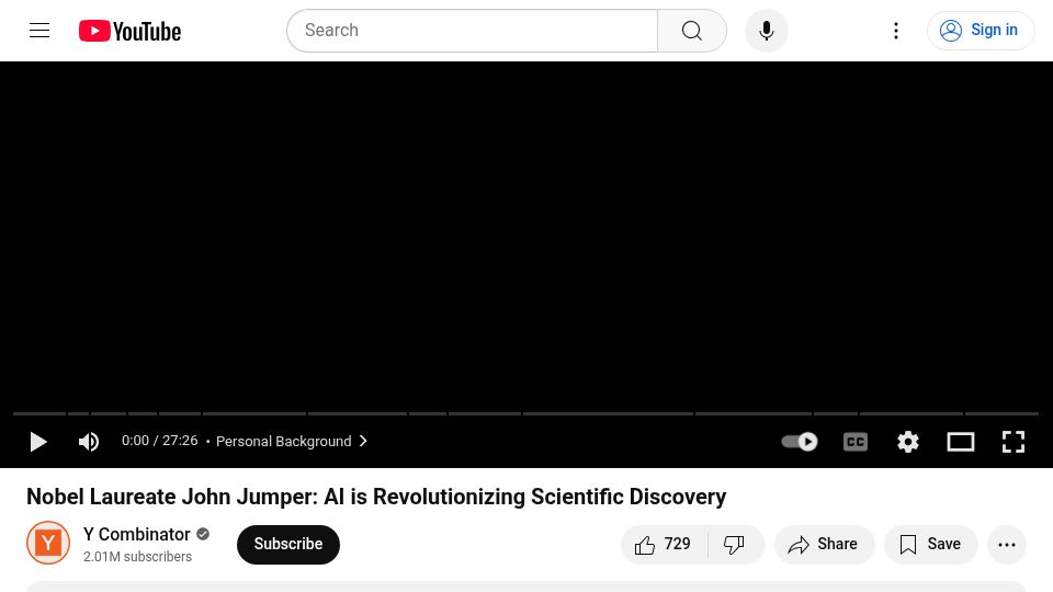 Screenshot of youtube.com: John Jumper: AI is revolutionizing scientific discovery [video]