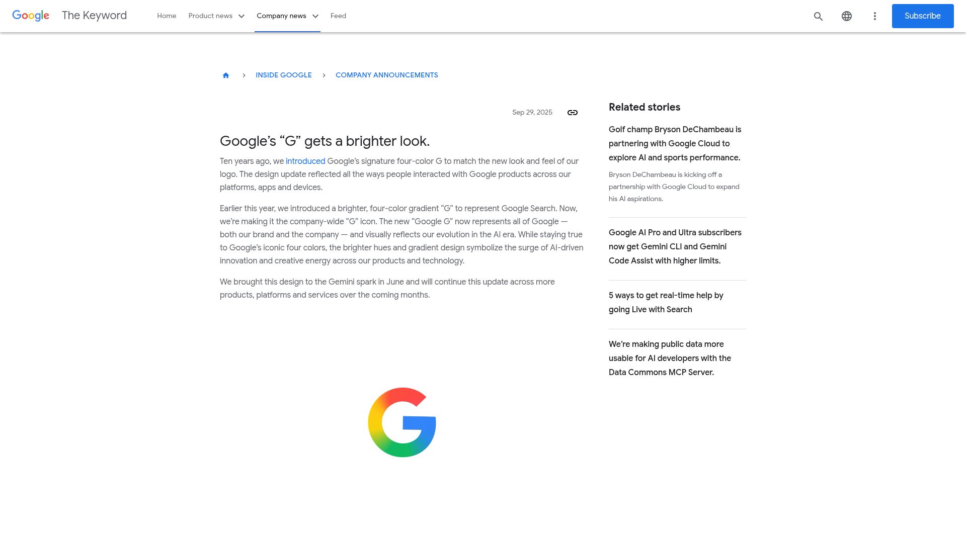 Screenshot of blog.google: Google’s “G” gets a brighter look.
