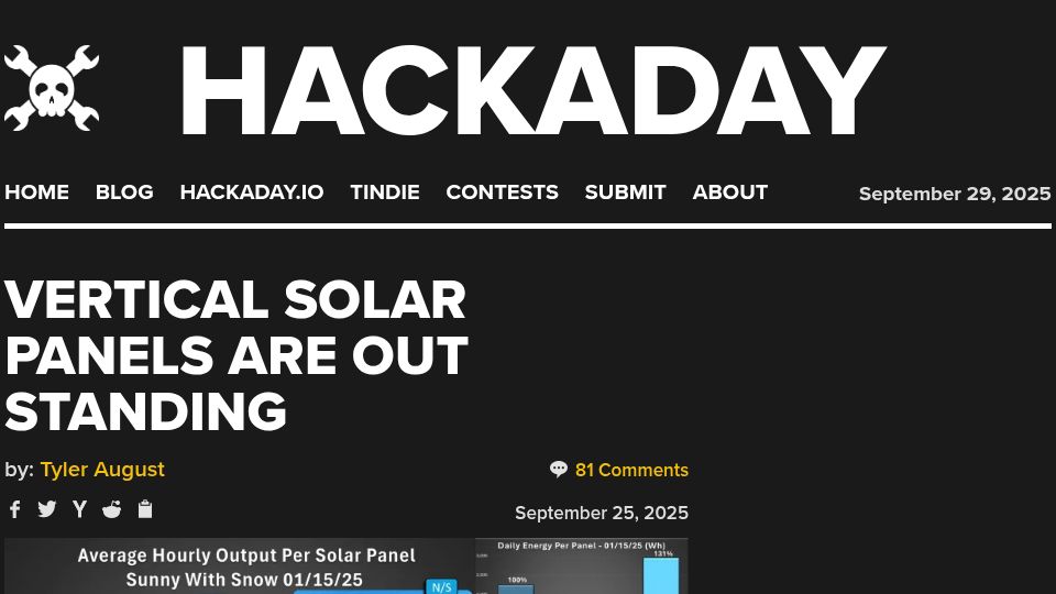 Screenshot of hackaday.com: Vertical Solar Panels Are Out Standing