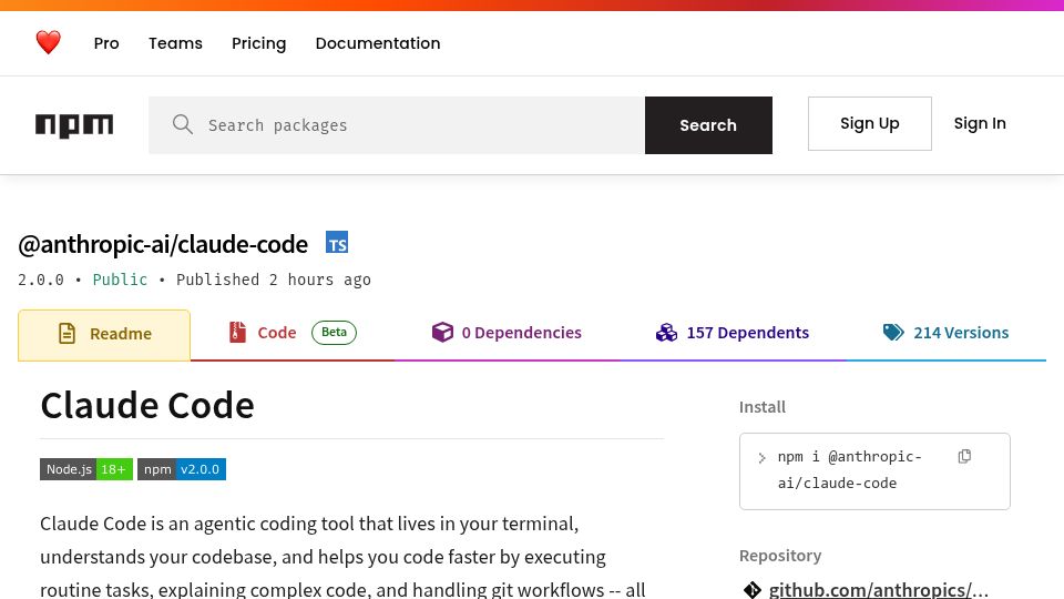 Screenshot of npmjs.com: Claude Code 2.0