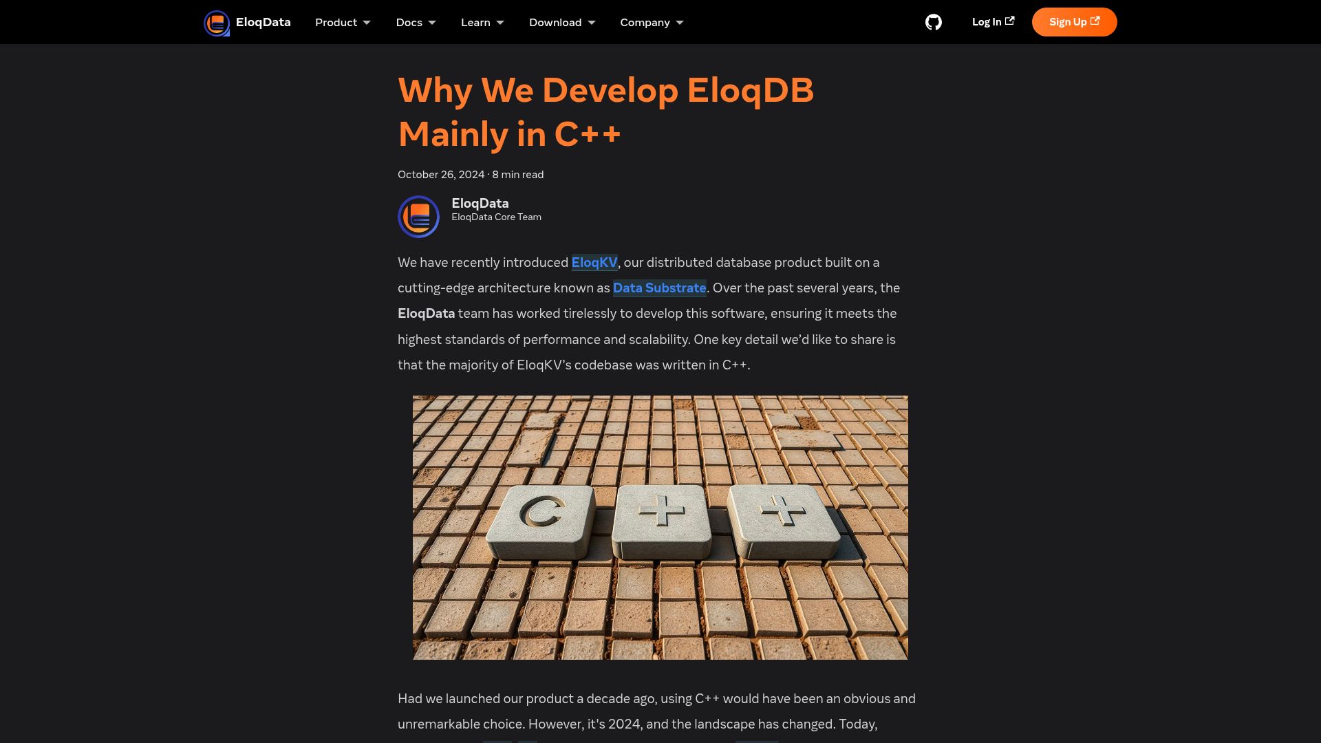 Screenshot of eloqdata.com: We still chose C++ (instead of Rust) for new database development