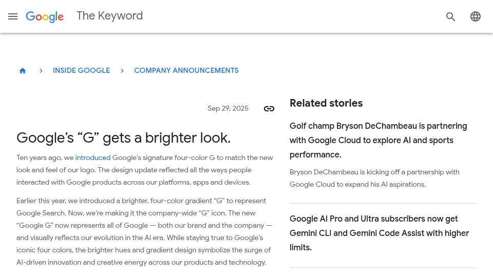 Screenshot of blog.google: Google’s “G” gets a brighter look.