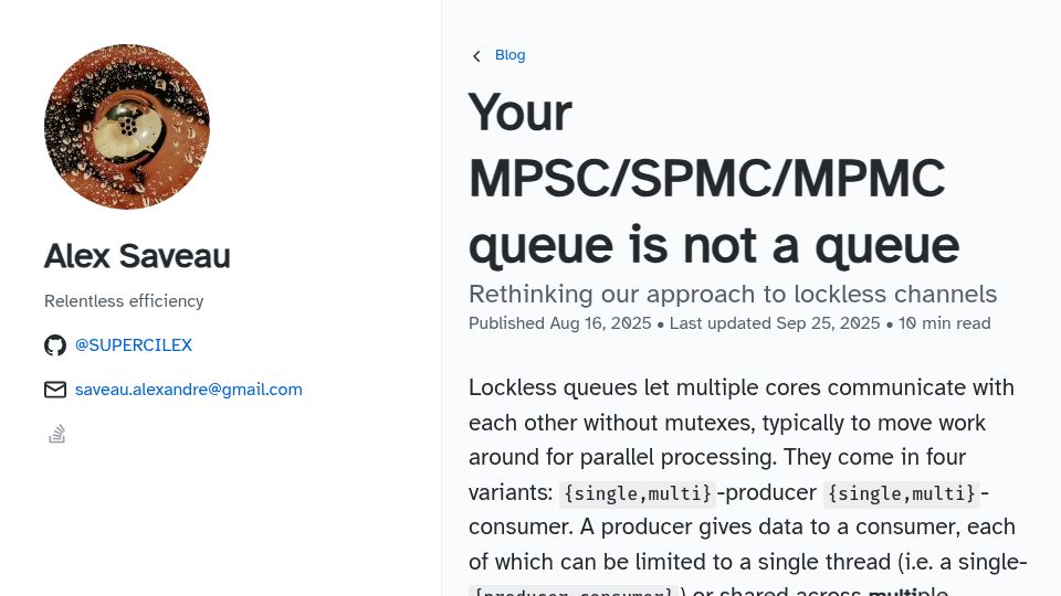 Screenshot of alexsaveau.dev: Lockless MPSC/SPMC/MPMC queues are not queues