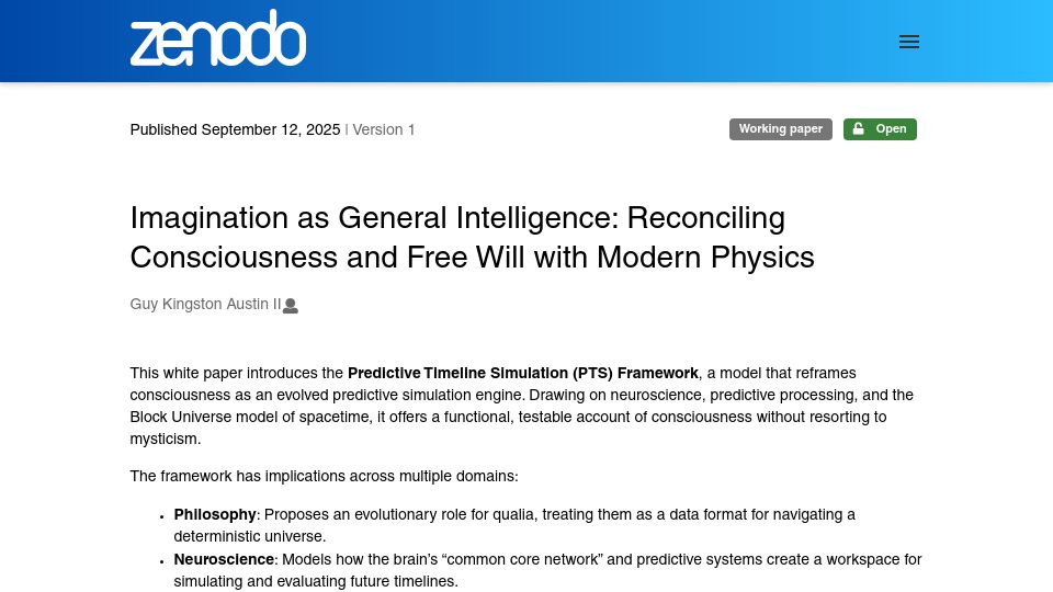 Screenshot of zenodo.org: Imagination as General Intelligence: Reconciling Consciousness and Free Will
