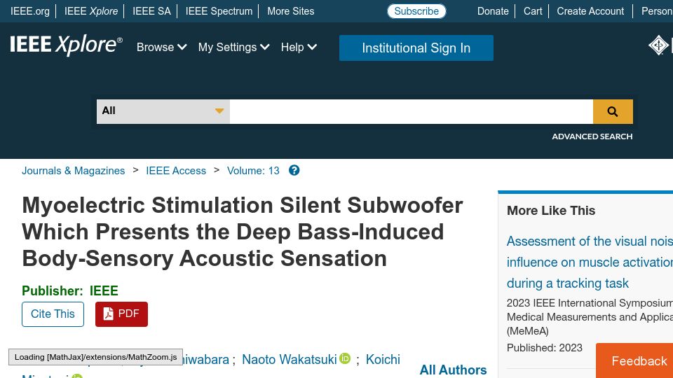 Screenshot of ieeexplore.ieee.org: Myoelectric Stimulation Silent Subwoofer for Body-Sensory Acoustic Sensation