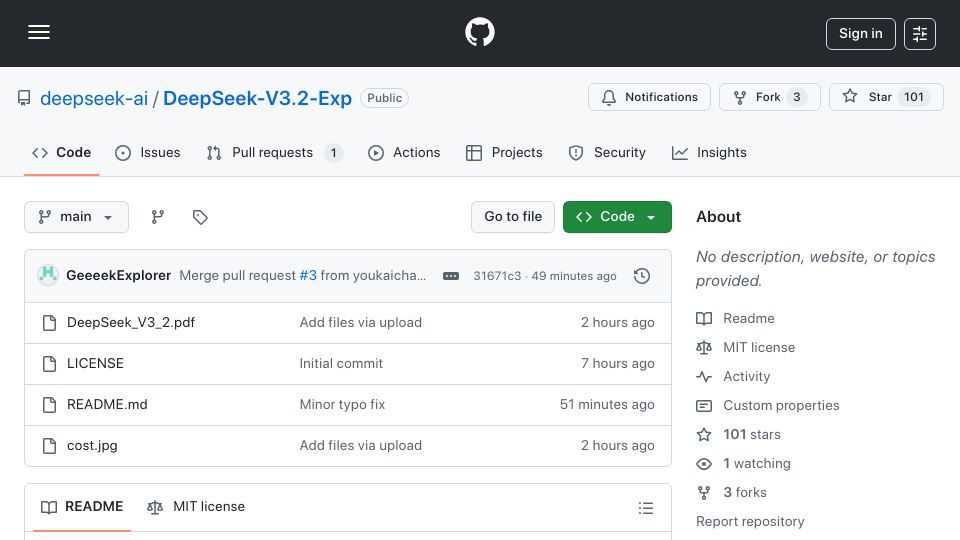 Screenshot of github.com: DeepSeek-v3.2-Exp