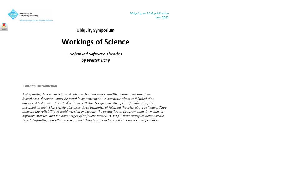 Screenshot of dl.acm.org: Workings of Science: Debunked Software Theories (2022) [pdf]