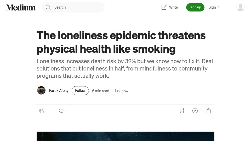 Screenshot of lightcapai.medium.com: Meta-analysis of 2.2M people: Loneliness increases mortality risk by 32%