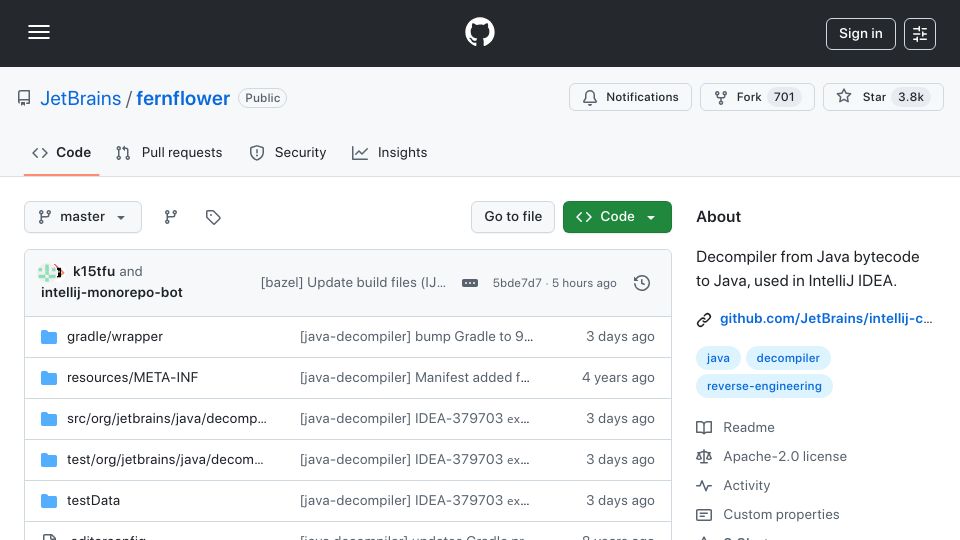Screenshot of github.com: Fernflower Java Decompiler
