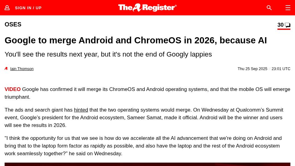 Screenshot of theregister.com: Google to merge Android and ChromeOS in 2026