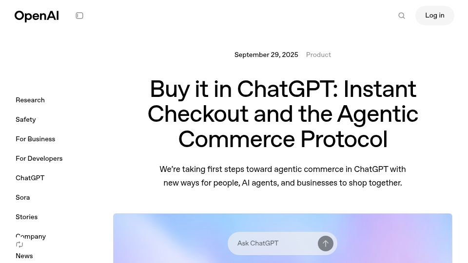 Screenshot of openai.com: Instant Checkout and the Agentic Commerce Protocol