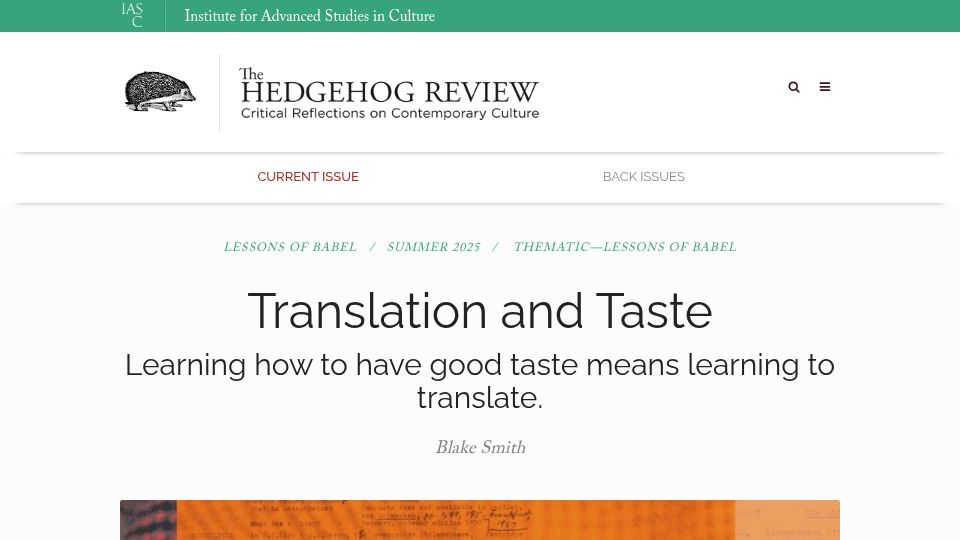 Screenshot of hedgehogreview.com: Translation and Taste