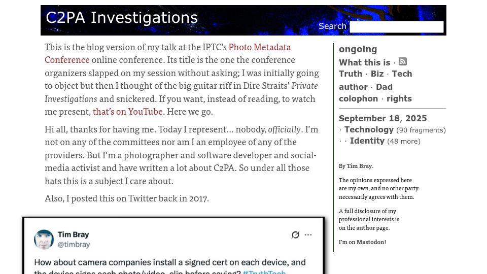 Screenshot of tbray.org: C2PA Investigations