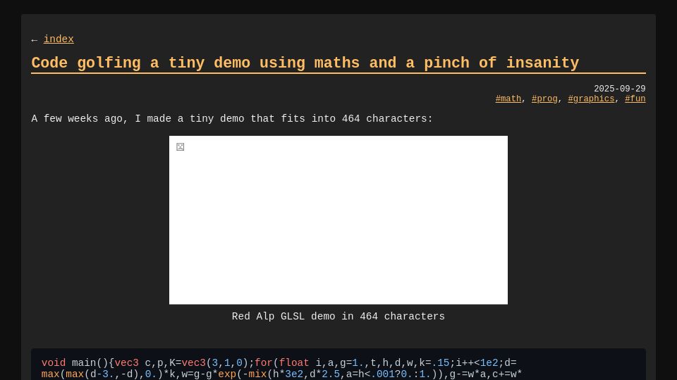 Screenshot of blog.pkh.me: Code golfing a tiny demo using maths and a pinch of insanity