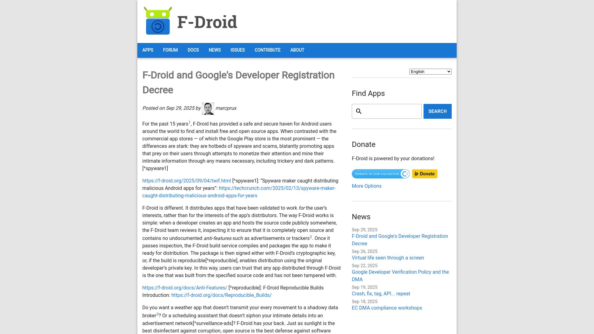 Screenshot of f-droid.org: F-Droid and Google’s developer registration decree