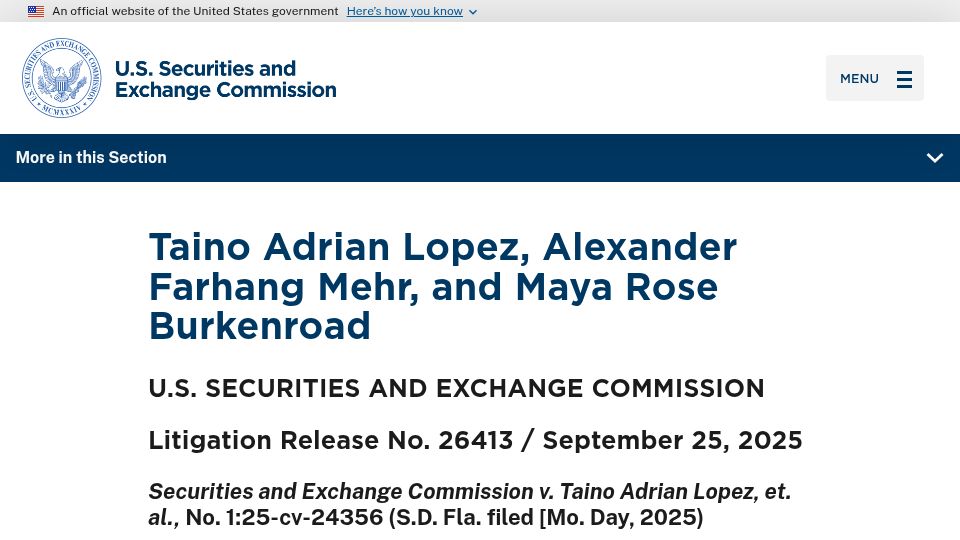 Screenshot of sec.gov: Tai Lopez charged by SEC in ponzi scheme